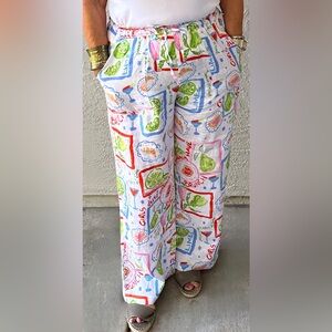 Cynthia Rowley Pants Green Blue Boho Retro Print Tie Waist Size Large